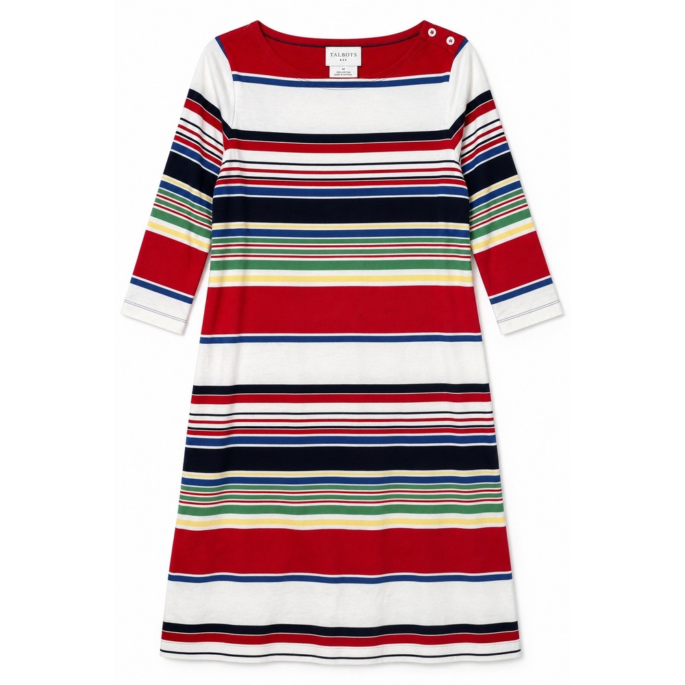 Talbots Multi Color Striped Cotton T-Shirt Dress Red Navy Green Yellow M